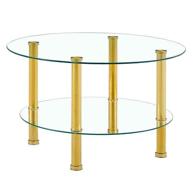 EVRYAE KONFERENČNÍ STOLEK Sklo, kov, válcové nohy, 2 úrovně, tvrzené sklo, 2 v 1, zlatá Ø70/60 42cm