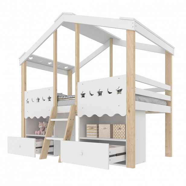 FLIEKS POLOVYSOKÁ POSTEL 90x200cm Bílá Přírodní 2 Zásuvky LED
