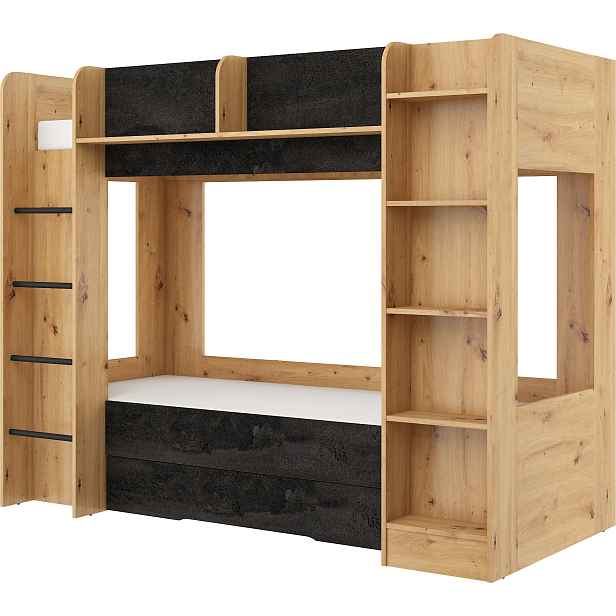Patrová postel ORIVAR, levá, dub artisan/beton černý