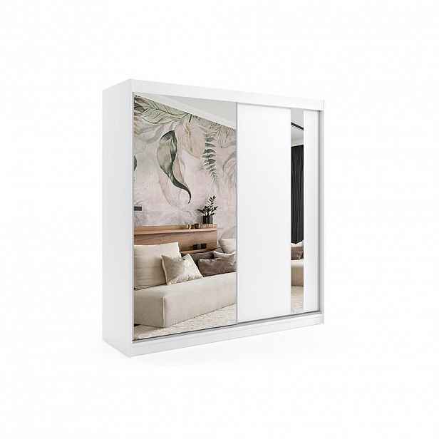 ALTDECOR ŠATNÍ SKŘÍŇ s posuvnými zrcadlovými dveřmi a hliníkovými lamelami – GRACE – 200 cm, bílá