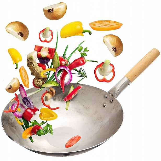 Wok pánev Ručně Kovaná Ocel Uhlíkové Ploché Dno 14 palců 35,5 cm Proorient