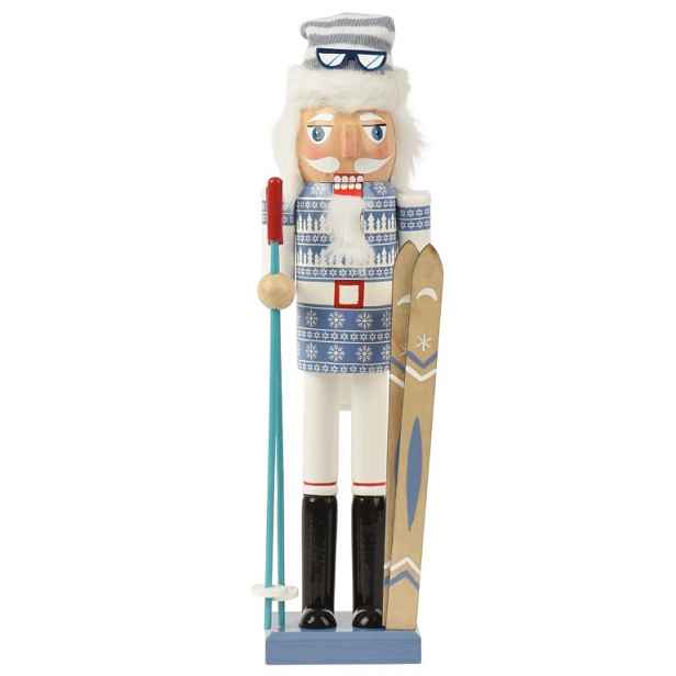 Vánoční dřevěná figurka louskáček lyžař bílý 38 Cm 1 Ks