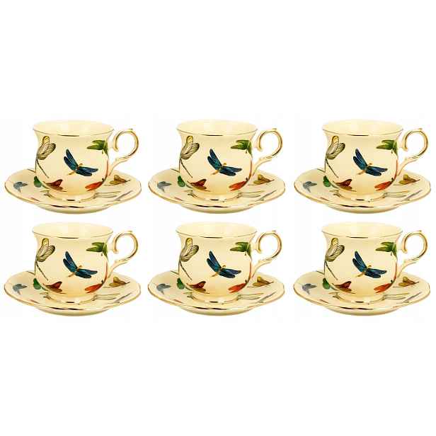 Vážky Šálky Ecru S Podšálkem 6+6 260 ML S Barevnými Vážkami Porcelán
