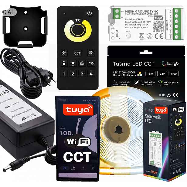 Sada Led pásků Cob 24V 5 m Cct Bílá Wifi Tuya Dálkový Ovladač Zásuvkový Napájecí Zdroj