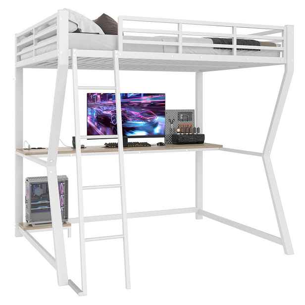 Modenvie VYSOKÁ postel z kovu a MDF, 140/200 cm bílá, s psacím stolem a LED osvětlením