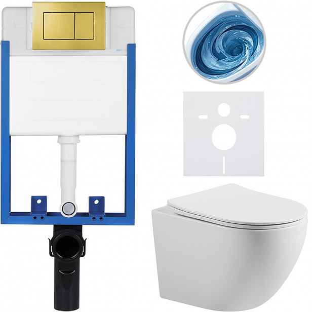 Kompletní WC set Profi/Cesso - bílá lesklá - WC tlačítko Classic/Zlatá - pro zazdění - 49x36 cm - 011264