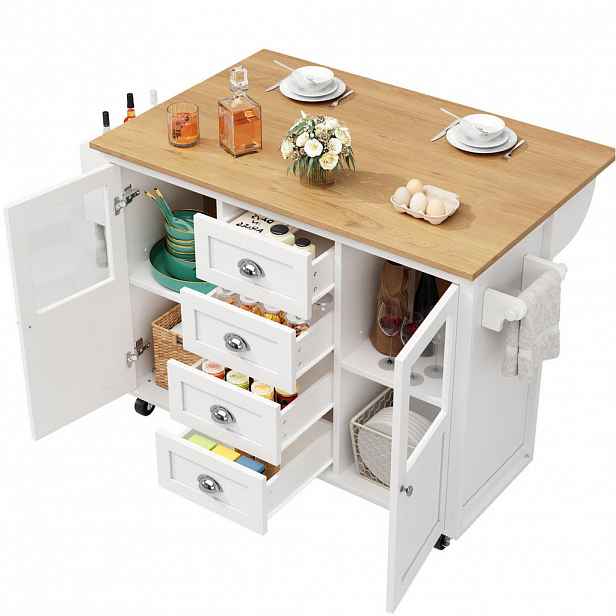 OKWISH KUCHYŇSKÝ ostrůvek 137,9/73/92,5 cm bílý z MDF a kovu s výklopnou deskou a kolečky