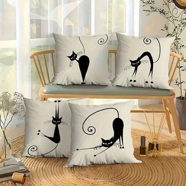 TEMU 4 ks Moderní Černobílé Polštářové Povlaky s Kočičím – Měkký Polyester, Krátký Plyš, 17,7x17,7 cm Čtvercové, Zipový Uzávěr, Pratelné v Pračce,