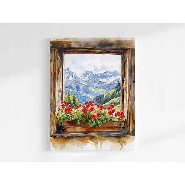Plakát Okno Pohled Na Hory Alpy Sníh Květiny Pelargonie 75x100
