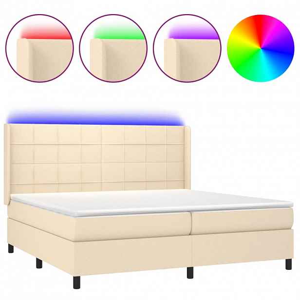vidaXL Box spring postel s matrací a LED krémová 200x200 cm textil