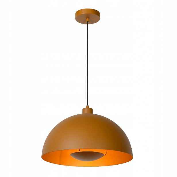 Žlutá závěsná lampa Siemon s teplým leskem nad kuchyňským stolem Lucide