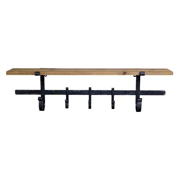 Hnědá antik dřevěná nástěnná polička s kovovými háčky Hael - 92*18*25cm Chic Antique