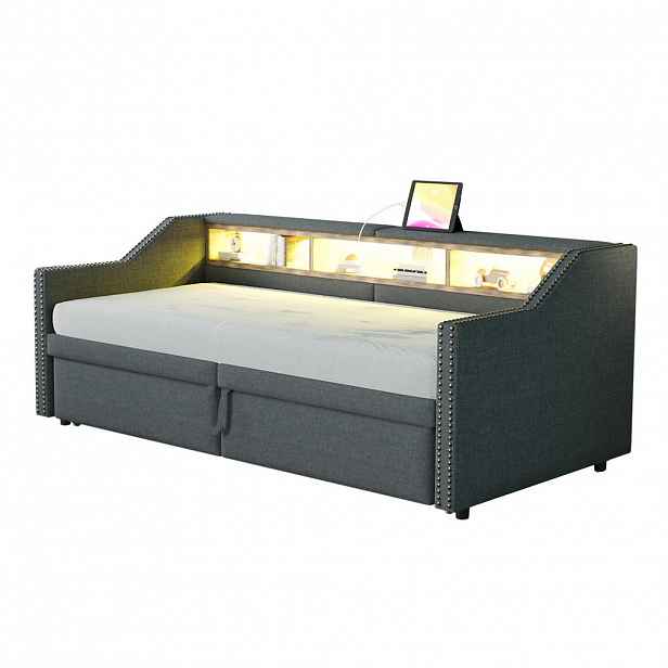 FLIEKS ČALOUNĚNÁ POSTEL, 90/180×200 cm, LED, USB, tmavě šedá