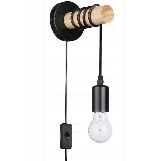 Nástěnná lampa Edison Černá s kabelem/vypínačem, dřevo