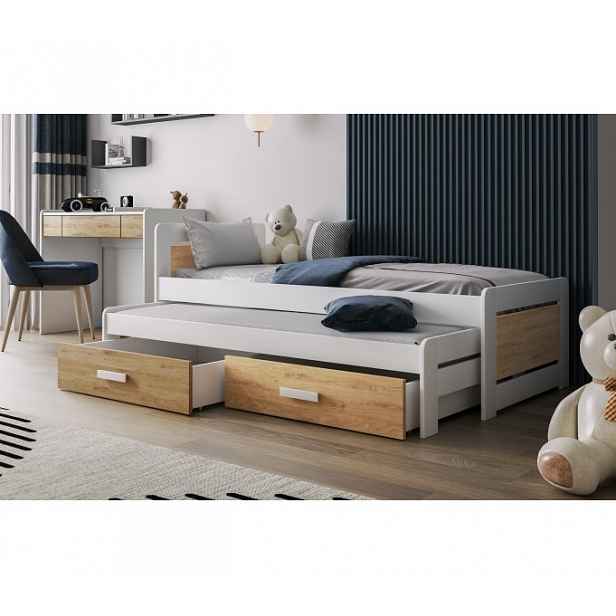 Postel pro děti s úložným prostorem 80x200 CAVELA - bílá / dub shetland