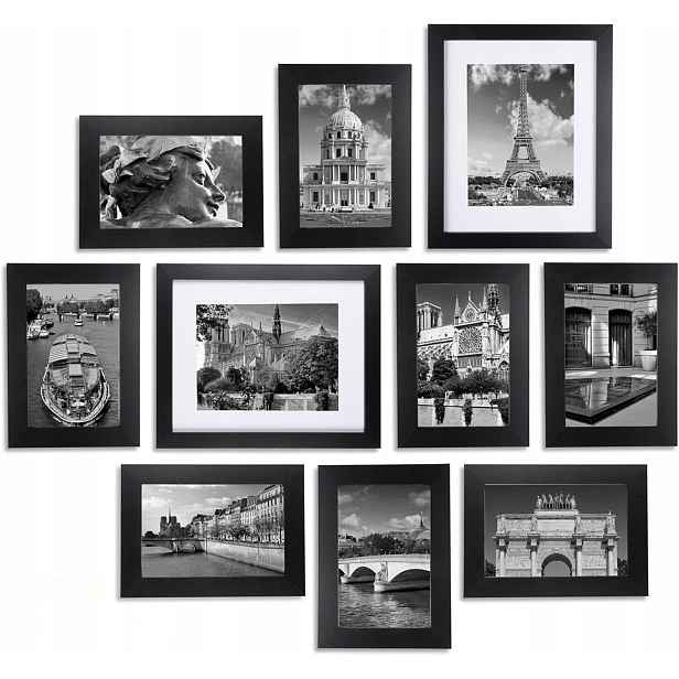 Sada 10 Fotorámečků Černá Dřevěná Koláž 28X18 18X13