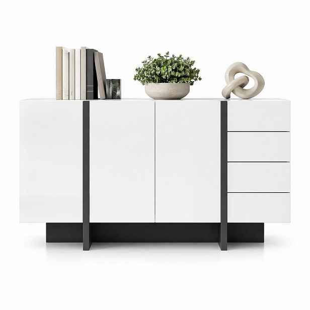 STILVORA KUCHYŇSKÁ SKŘÍŇ bílá a černá, lesklá, se zásuvkami, do obývacího pokoje a jídelny, 150×40×80,5 cm