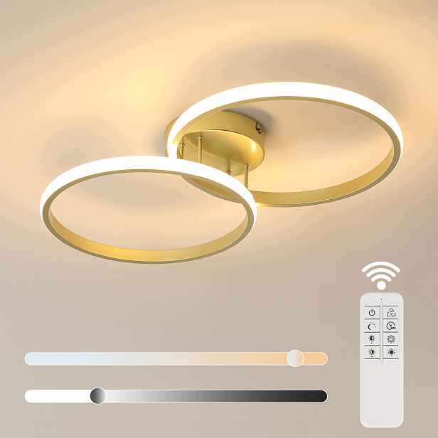 Lampa Sufitowa Plafon Led 2-RING Żyrandol Nowoczesna Złota Z Pilotem 38W