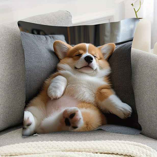 TEMU 2D Plochý Tisk, 1ks Polštářový Potah na Pohovku s Corgiho - Roztomilý Plyšový Design Corgie z Měkké a Hladké Polyesterové Látky, Jednostranný