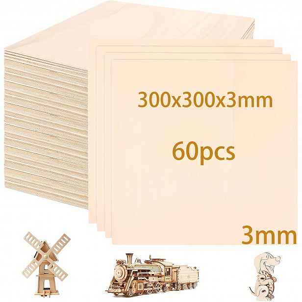 TEMU Tocome 60/100 ks Překližka z lipového dřeva (300x300x3mm) 3mm Prémiový list, pro řemesla, laserové řezání, gravírování, pálení dřeva, malování,