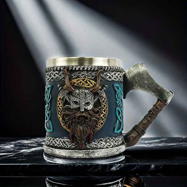 TEMU Vikingský Pivní Hrnek s Designem Vikingovského Bojovníka - Velkoobjemová Nerezová Ocel 304 o Objemu 450ml, Vikinské Rohaté & Logo, Ideální Dárek