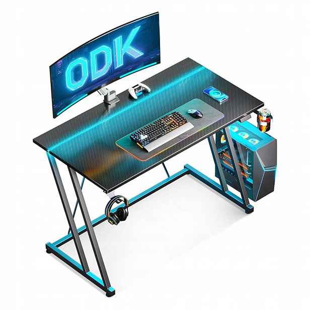 Led herní stůl 100 x 50 cm Černý Carbon Držák na hrnek a sluchátka