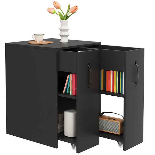 Redom SIDEBOARD 52/50/75 cm s výsuvnými bočními moduly, 8 kolečky a odkládacími policemi, Černá