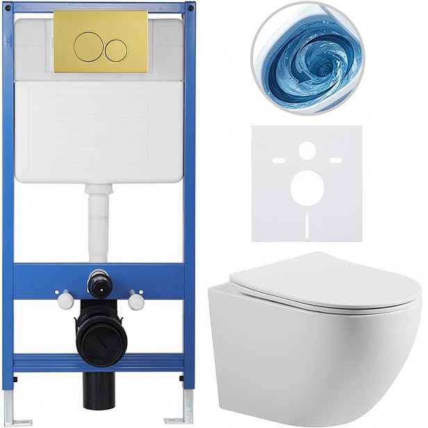 Kompletní WC set Profi/Cesso - bílá lesklá - WC tlačítko Duo. zlatá - předstěnová instalace - 49x36 cm