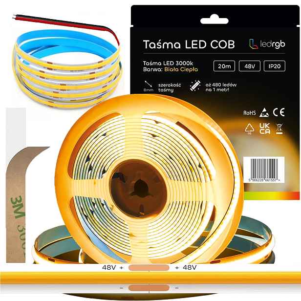 Led pásek Neon Cob 48V 20 m 480 diod 3000K Bílý Teplý Homogenní 8MM