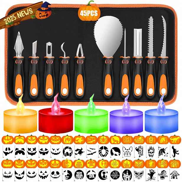 Sada Na Vyřezávání Dýní Halloween 10 Nástrojů 15 Šablon 5 Led