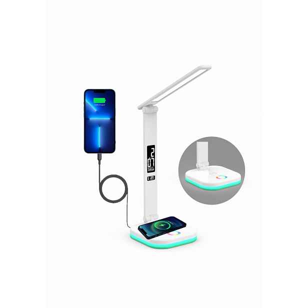 Led stolní lampička s budíkem, Rgb a bezdrátovou nabíječkou