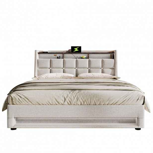 Redom ČALOUNĚNÁ postel 180/200 cm s LED osvětlením, USB portem a úložným prostorem, Světle béžová