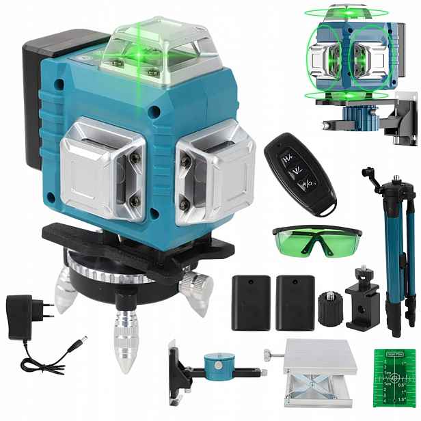 4D Laserová Vodováha Pro Laser Křížový 360 Zelená 2x Aku Stativ 16 Linek