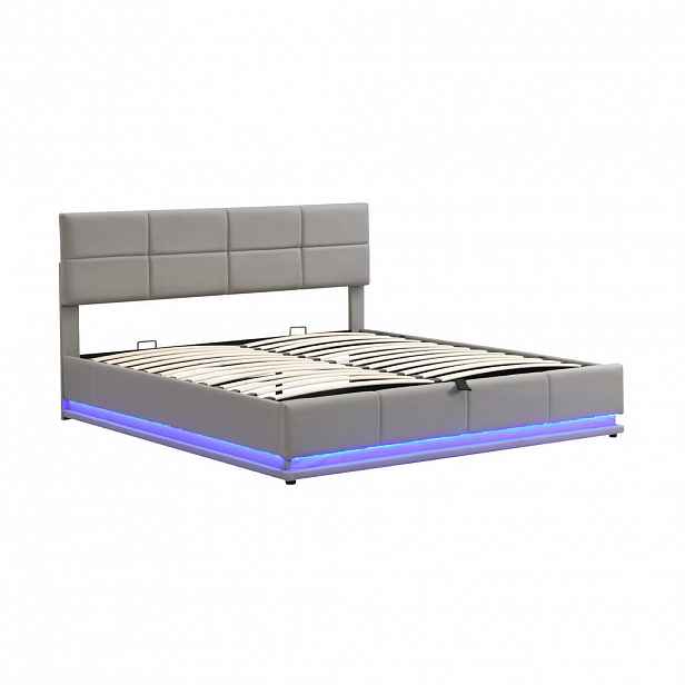 Redom ČALOUNĚNÁ postel 180/200 cm s LED osvětlením, hydraulickým úložným prostorem a nastavitelným čelem, Cementově šedá