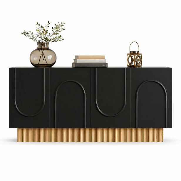 STILVORA KUCHYŇSKÁ SKŘÍŇ černá, 4 dvířka, velký úložný prostor, design ve tvaru U, do obývacího pokoje, 160×38×75 cm