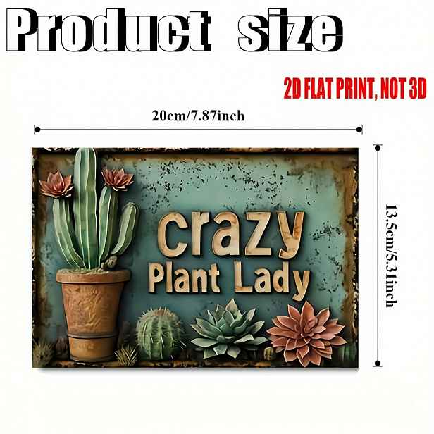 TEMU 2D Plochý, 1 ks 2D Plochý Vintage "Bláznivá Rostlinná Dáma" Dřevěný Nástěnný Závěs s Designem Kaktusu a Sukulentů, Vhodný do Garáže, Verandy,