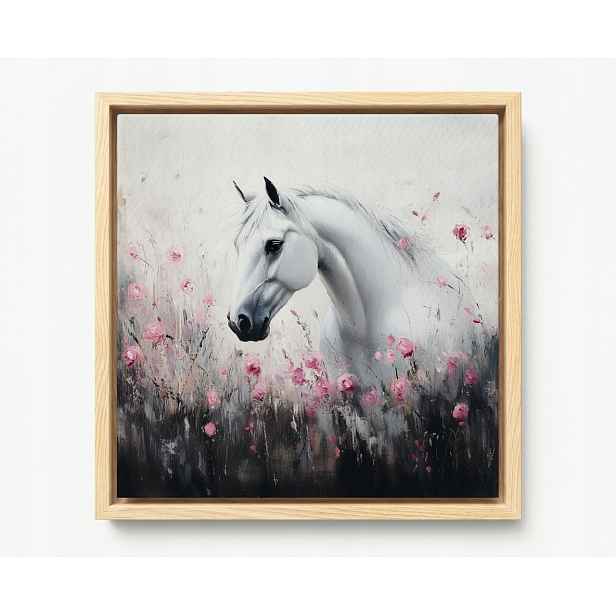 Obraz Rám American Box Olej Natura Bílý Kůň Rumak Květy Růže Louka 60x60