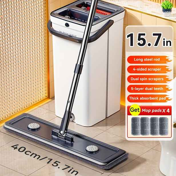 TEMU Mop a kbelík s ždímačkou, bezdržový plochý mop a kbelík, 4 pratelné mikrovláknové podložky včetně, pro mokré i suché použití, systém čištění