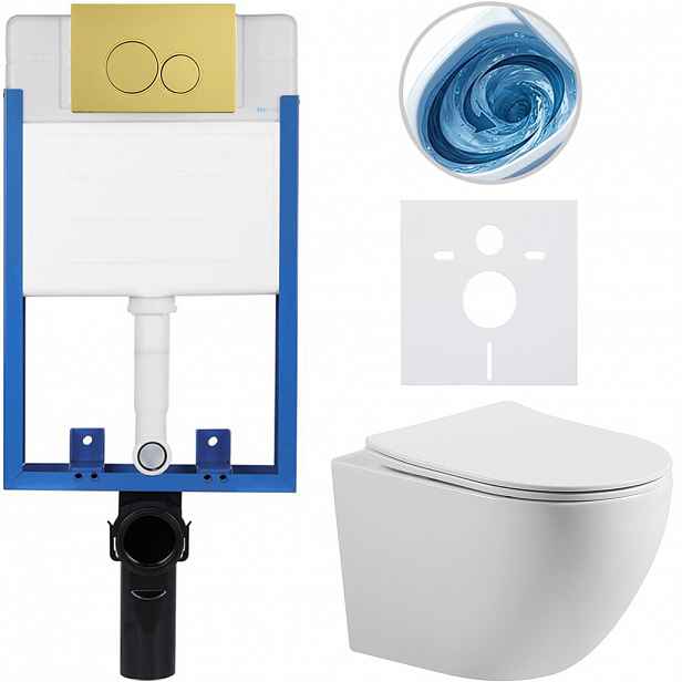 Kompletní WC set Profi/Cesso - bílá lesklá - WC tlačítko Duo. zlatá - pro zazdění - 49x36 cm