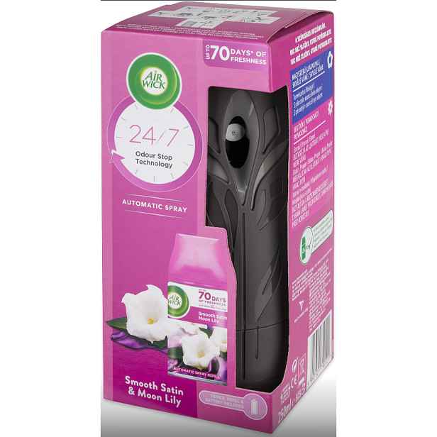 Air Wick komplet sada Smooth Satin & Moon Lily (strojek šedý + náplň Jemný satén 250ml)