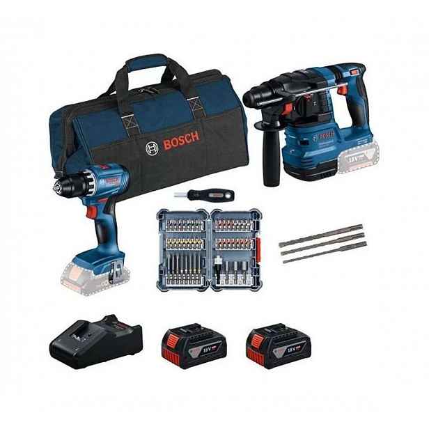 Bosch - 18V AKU sada vrtacího šroubováku GSR 18V-45 a vrtacího kladiva GBH 18V-22, s příslušenstvím, 2x aku 4,0 Ah Li-Ion, nabíječka 0615V0003D