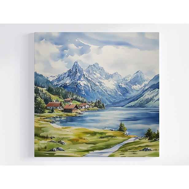 Obraz Na Plátně Canvas Krajina Hory Vrcholky Alpy Jezero Domy Vesnice 50x50