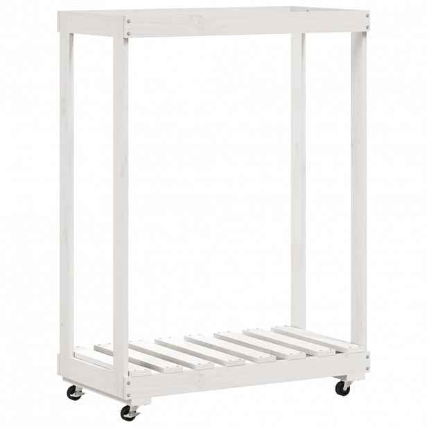 vidaXL Stojan na dřevo na kolečkách bílý 76,5x40x108 cm masiv borovice