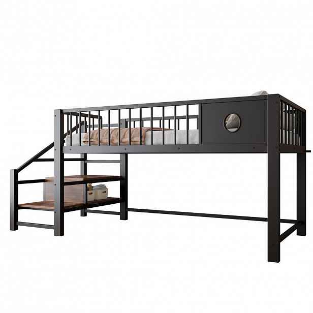 Redom VYSOKÁ postel 90/200 cm s úložným schodištěm, stabilním kovovým rámem a úsporou místa, Černá
