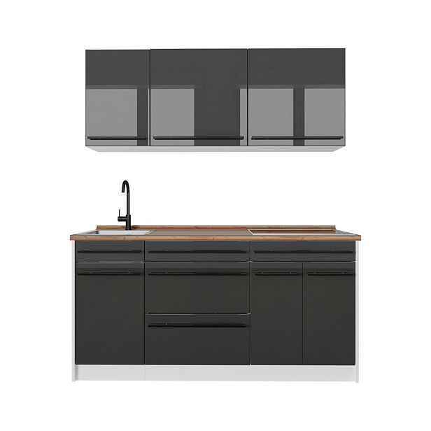 Vicco JEDNOTKOVÁ KUCHYNĚ R-Line, Antracitový vysoký lesk/Bílá, 160 cm pracovná doska Dub Goldkraft