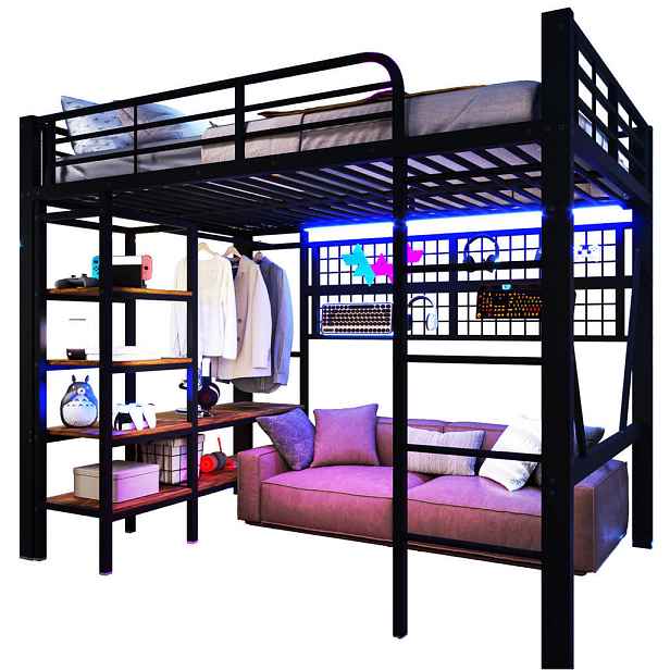 Modenvie VYSOKÁ postel 140/200 cm z kovu a MDF v černé barvě s LED osvětlením