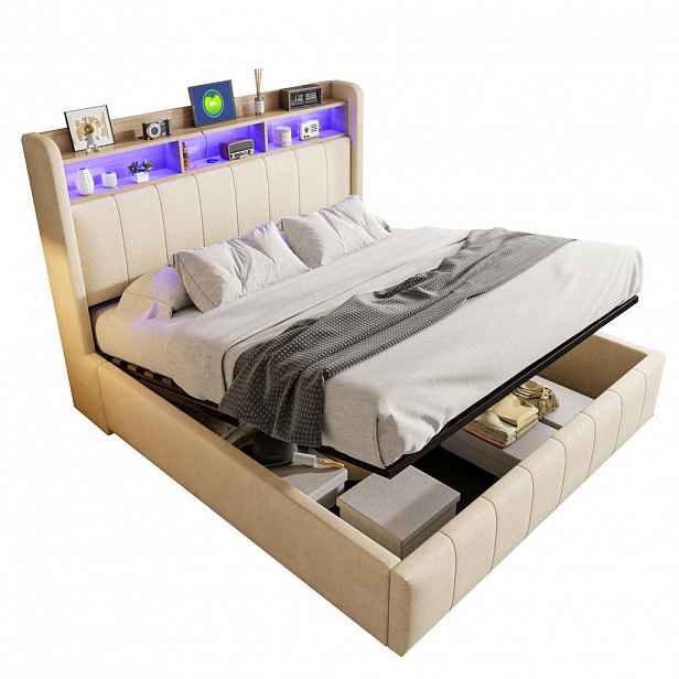 Redom ČALOUNĚNÁ postel 160/200 cm s barevně měnitelným LED osvětlením, USB a USB-C porty, hydraulickým úložným prostorem, Béžová