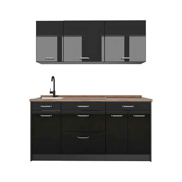 Vicco JEDNOTKOVÁ KUCHYNĚ R-Line, Černý vysoký lesk/Antracit, 160 cm pracovná doska Dub Goldkraft