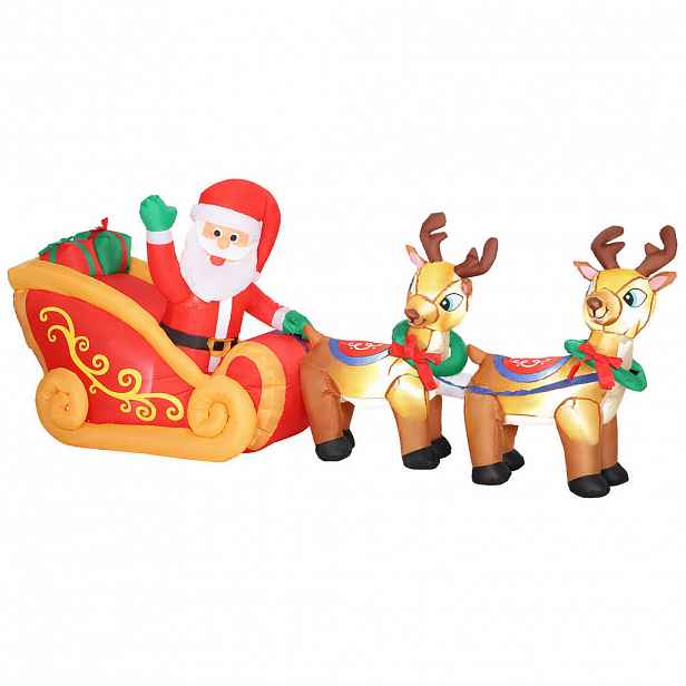 Outsunny 240 cm nafukovací Santa Claus na saních se 2 sobími LED světly