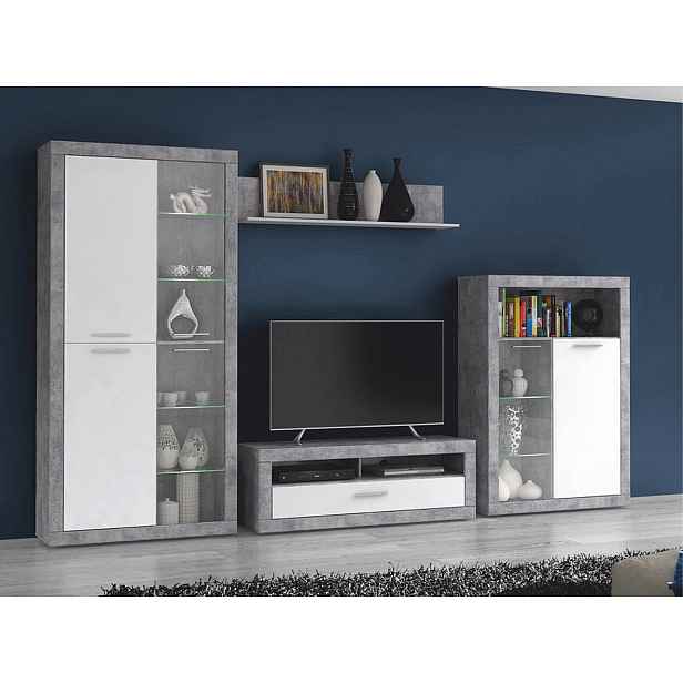 Kasvo FINELY (FINLEY) obývací stěna šedý beton / bílé dveře